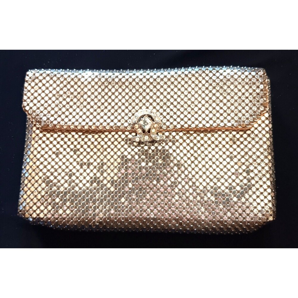 Vintage Whiting & Davis Gold Mesh Clutch Purse Rhinestone Clasp Evening Bag